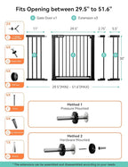 COMOMY 30" Tall Baby Gate for Stairs Doorways, Fits Openings 29.5" to 51.6" Wide, Auto Close Extra Wide Dog Gate for House, Pressure Mounted Easy Walk Through Pet Gate with Door, Black