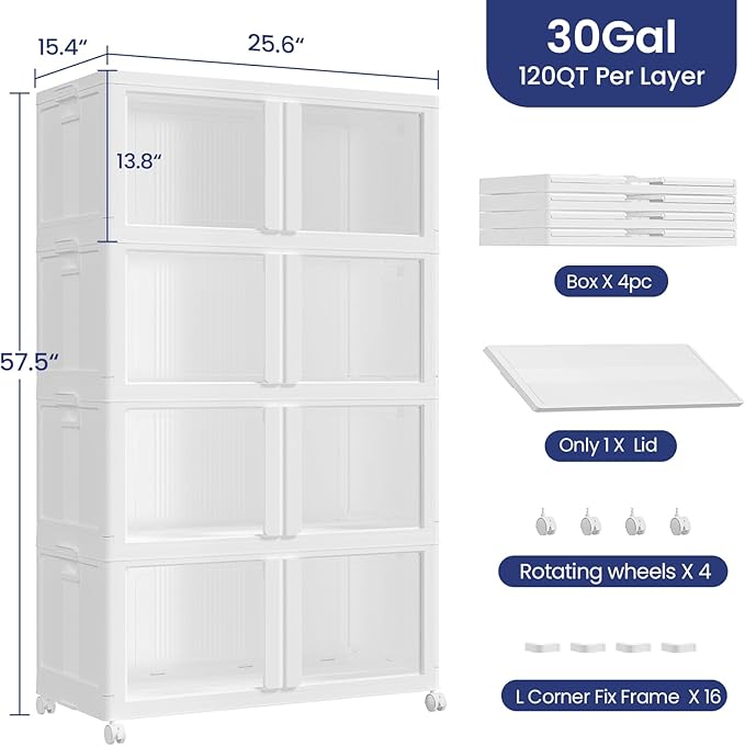 120Gal Plastic Stackable Storage Bins with Lid, 480Qt Collapsible Closet Organizer and Storage, Folding Storage Box with Wheels and Clear Doors for Home Kitchen Office Dorm Room, 4Pack White