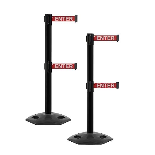 CCW Series WBB-200D - Set of 2 Retractable Dual Belt Barrier Stanchion, Heavy Duty Rubber Base, Black Post (7.5 Foot Belt, Red with"Caution - DO NOT Enter" White Letters Belt)