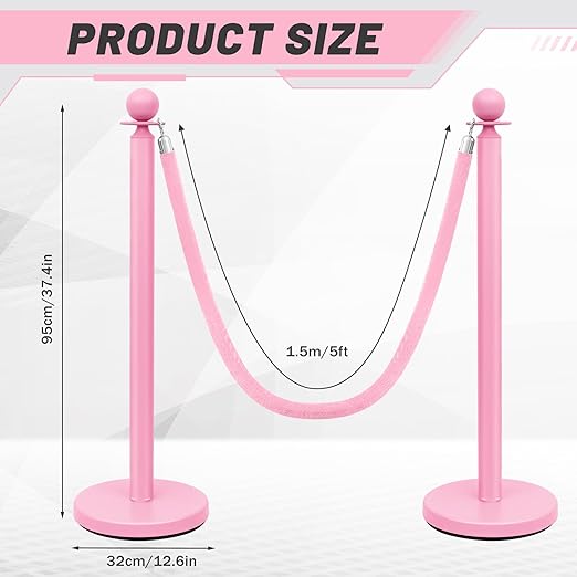 Ferraycle 6 Pcs Stainless Steel Stanchions Post Queue 38 Inch, 5 ft Velvet Rope Carpet Ropes and Pole, Control Barriers for Wedding Birthday Party Decoration Sand Injection Hollow Base Set (Pink)