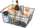 LeleCAT Large black wire baskets with Wooden Handles for storage pantry, Storage Organizer Baskets, Household Refrigerator for Cabinets, Closets, Bedrooms, kitchen - Set of 3 Black