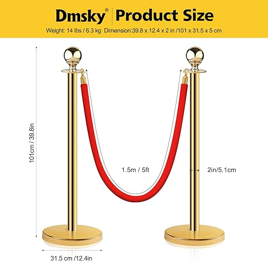 Stainless Steel Stanchion Post Queue 5 ft Red Velvet Rope Red Carpet Ropes and Poles Crowd Control Barriers Sand Injection Hollow Base and Velvet Ropes Set for Party Supplies (8 Pieces, Gold)