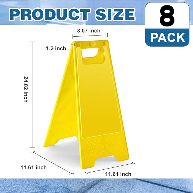 8 Pack 24 Inch Blank Floor Sign Yellow A-frame Foldable Caution Sign Write-On Double Sided Safety Warning for Pool Restaurant Restroom Office