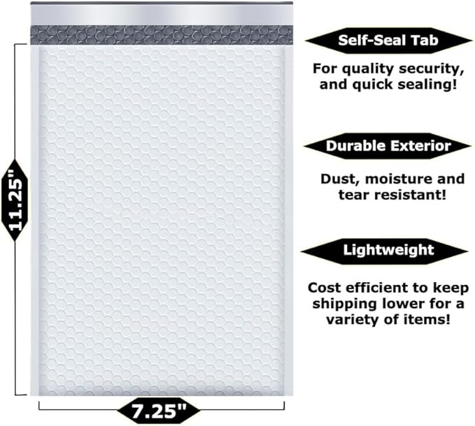 10-Pack 7.25x11.25" White Poly Bubble Mailers, Padded Shipping #1 Envelopes Self Seal Tear Resistant Lightweight Mailing Bags for Small Business, Books, DVDs, Gifts
