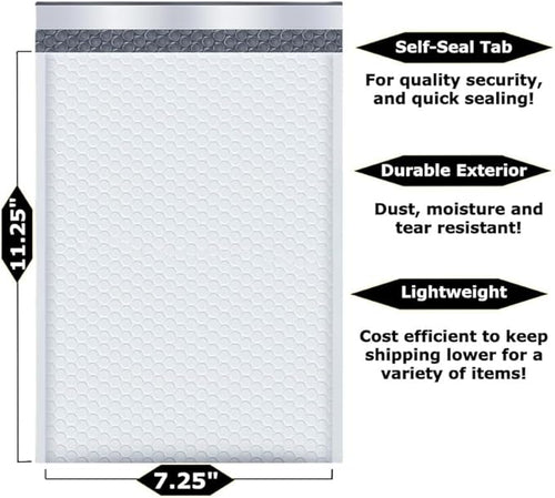 10-Pack 7.25x11.25" White Poly Bubble Mailers, Padded Shipping #1 Envelopes Self Seal Tear Resistant Lightweight Mailing Bags for Small Business, Books, DVDs, Gifts