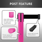 VIP Crowd Control Retractable Belt Stanchion Queue Safety Barrier Set, 36" Ht, 78" Belt (2 M.Pink Posts Black Belt)
