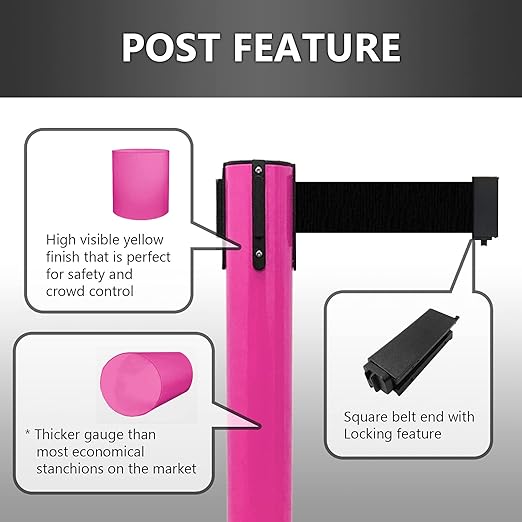 VIP Crowd Control Retractable Belt Stanchion Queue Safety Barrier Set, 36" Ht, 78" Belt + Wall Bracket (6 Magenta Pink Posts Pink Belt + SFrame + WBracket)