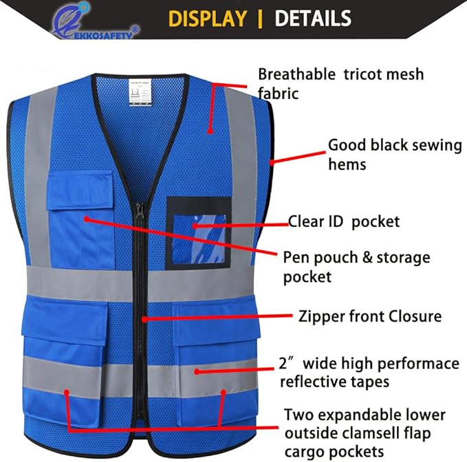 Hi Vis Reflective Safety Vest for Men Women Mesh High Visibility Vest with Pockets,Meets ANSI/ISEA Standards(EK170-Mesh-Blue-3XL)