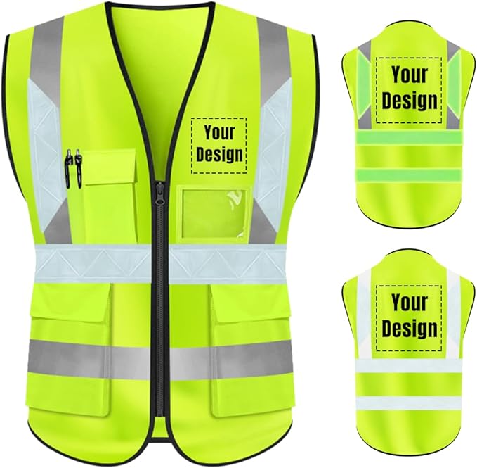 YOWESHOP High Visibility Safety Vest Custom Your Logo Protective Workwear 5 Pockets With Reflective Strips Outdoor Work Vest (S, Yellow Luminous)