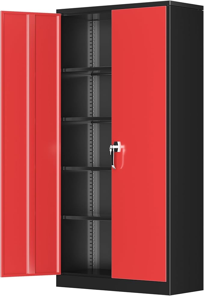 Greenvelly Metal Garage Storage Cabinet, 72" Black Red Tool Steel Locking Cabinets with Doors and 4 Shelves, Tall Cabinets for Garage Storage Systems Lockable File Cabinet for Home Office,Garage