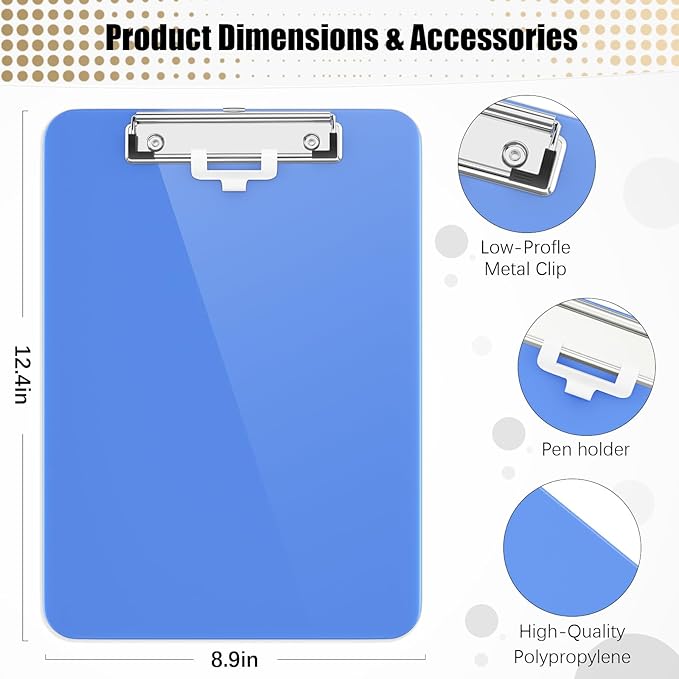 Hongri Plastic Clipboard with Pen Holder, Blue 8.5x11 Letter Size Clip Board for Classroom, Office, Students, Nurses and Women, Low Profile Clip, Size 12.5 x 9 in