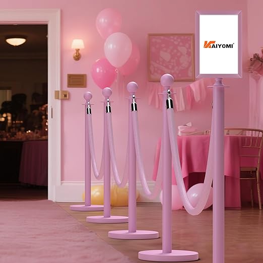 kaiyomi 8Pcs Stanchions Posts Velvet Ropes with Pink Carpet and Sign Frame, Water or Sand-Fillable Base, Suitable for 8.5" x 11" A4 Paper Size Sign Frame for Pink Carpet Party Decoration (Pink)