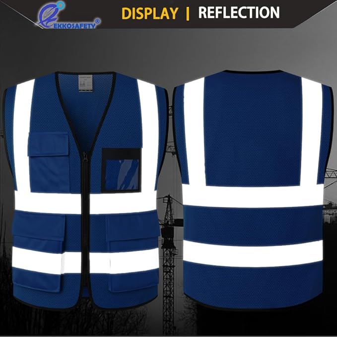Hi Vis Reflective Safety Vest for Men Women Mesh High Visibility Vest with Pockets,Meets ANSI/ISEA Standards(EK170-Mesh-Blue-XL)