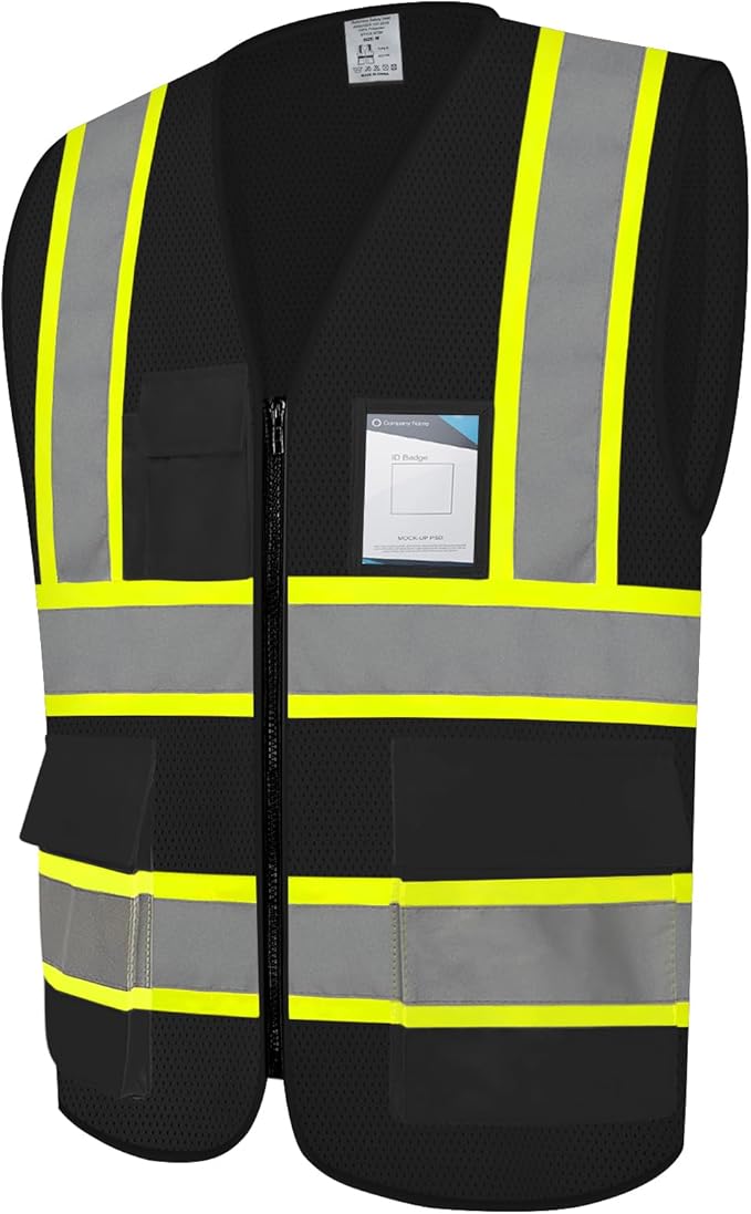Safety Vest for Men Women 5 Pockets High Visibility Vest with Reflective Strips, Hi Vis Vest with Mesh Fabric, Breathable, (GR720-Black,L).