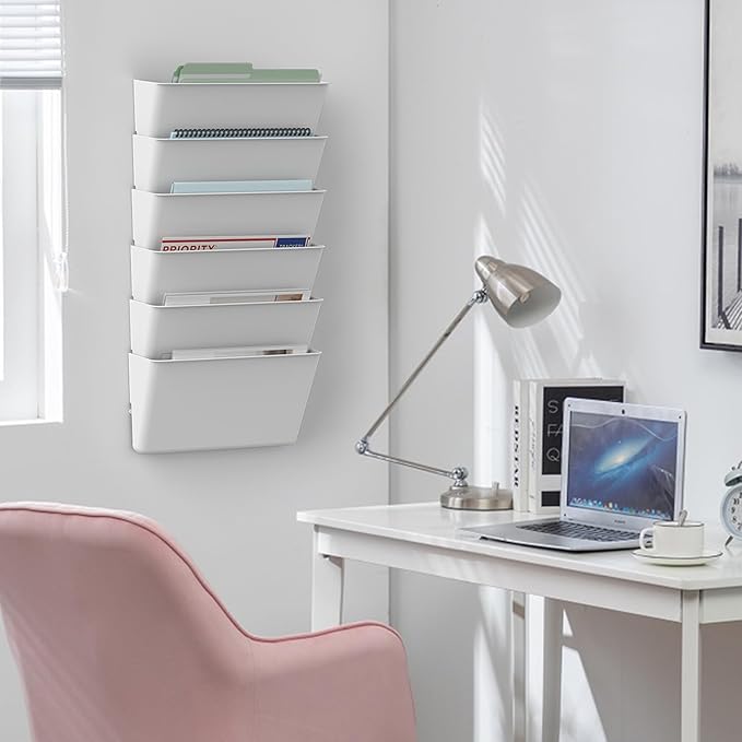 Clear Acrylic Single Pocket, Plastic Hanging Wall Mount File Holder for Office Home (White, 6 Pack)