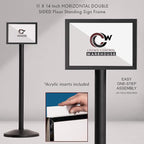 Crowd Control Warehouse Pedestal Standing Floor Sign Frame with Sloped Base, 11 x 14 Inch Horizontal, Black Powder Coated Steel