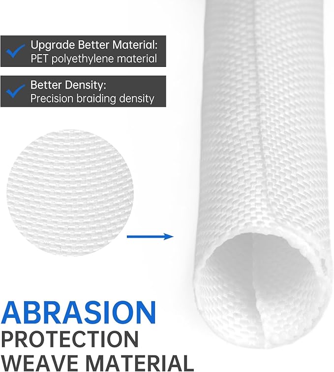 Split Braided Cable Sleeve，Flexible Wire Loom Tubing, Automotive Cord Protector Pet Proof, Cable Management for Computer TV Electric Wires Harness 16ft (White, 32mm（1-1/4")