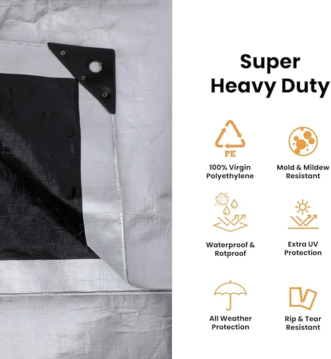 WHITEDUCK Super Heavy Duty Poly Tarp Cover 16 Mil & 10 Mil with Grommets and Reinforced Edges (Brown, White & Silver Black) (Silver Black- 10 Mil, 12' x 20')
