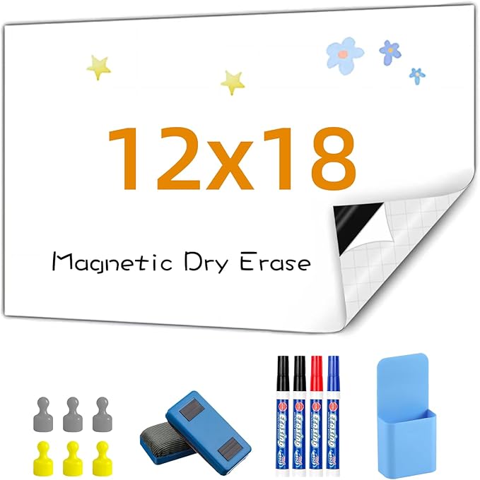 Magnetic Whiteboard Contact Paper, 12" x 18" Stick on Magnetic Dry Erase White Board Sticker on Wall, Easy to Write for Drawing, School, Office, Kitchen Fridge