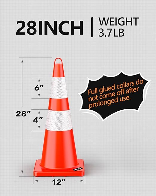 BATTIFE 12 Pack Traffic Safety Cones 28 Inches with Reflective Collars, PVC Orange Construction Cone for Traffic Control, Driveway Road Parking