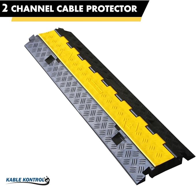 Kable Kontrol Atlas Heavy Duty Cable Protector Ramp - 2 Channel - 1 Pc - 40” Long Black & Yellow - 24,000 Lbs Capacity - Rubber Speed Bump Wire Protector Cord Cover - CP9987