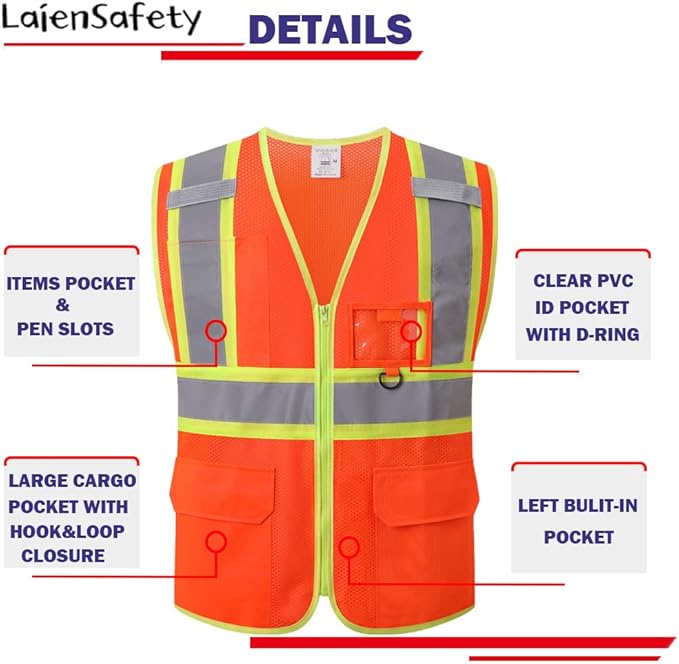 Reflective Safety Vest for Men Women with Multiple Pockets Class 2 High Visibility Mesh Vest Hi Vis Construction Work Vest,Meets ANSI/ISEA Standards(EK1-178-Orange-3XL)