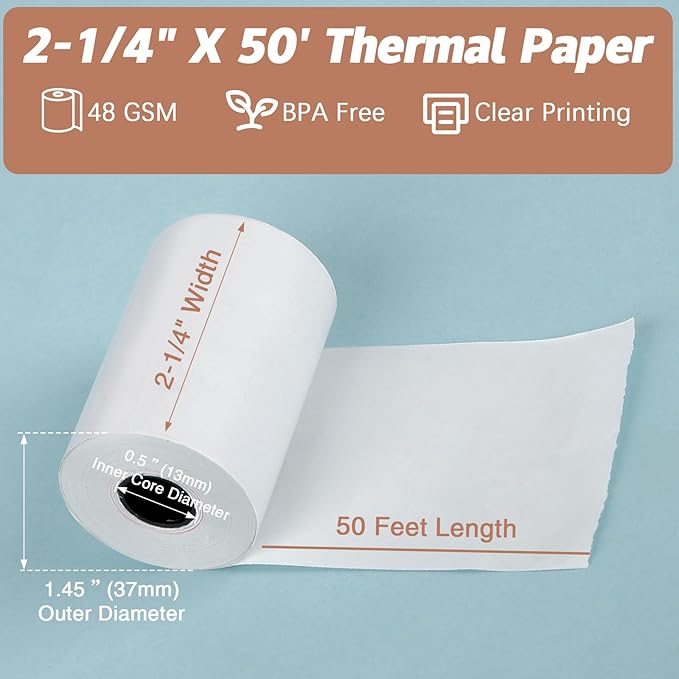 (20 Rolls) 2 1/4 x 50 Thermal Receipt Paper Rolls, POS Cash Register Paper Rolls, BPA Free 2.25x50ft Long Per Thermal Paper Receipt