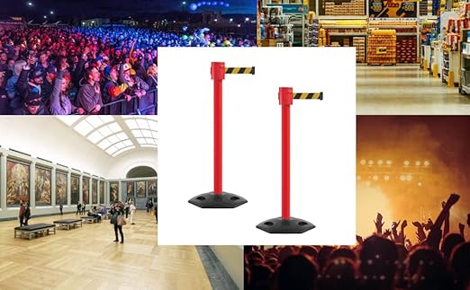 Montour Line MSR760 Set of 2 Retractable Belt Barrier Stanchion, Rubber Base, Red Post (35 ft Black with Yellow Horizontal Stripe Belt)