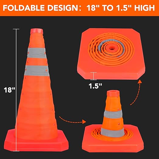 [10 Pack]18 Inch Collapsible Traffic Safety Cones - Parking Cones with Reflective Collars, Orange Safety Cones for Parking lot, Driveway, Driving Training etc