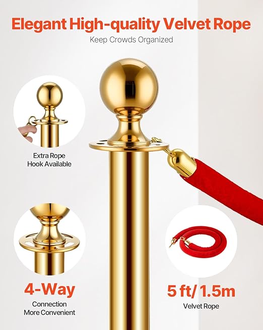 VEVOR Stanchions and Velvet Ropes 4Pcs, Hollow Base with Stainless Steel Post, 3 Red Velvet Ropes and Posts, Crowd Control Barriers Gold Stanchions, Red Carpet Runner Poles for Party Supplies