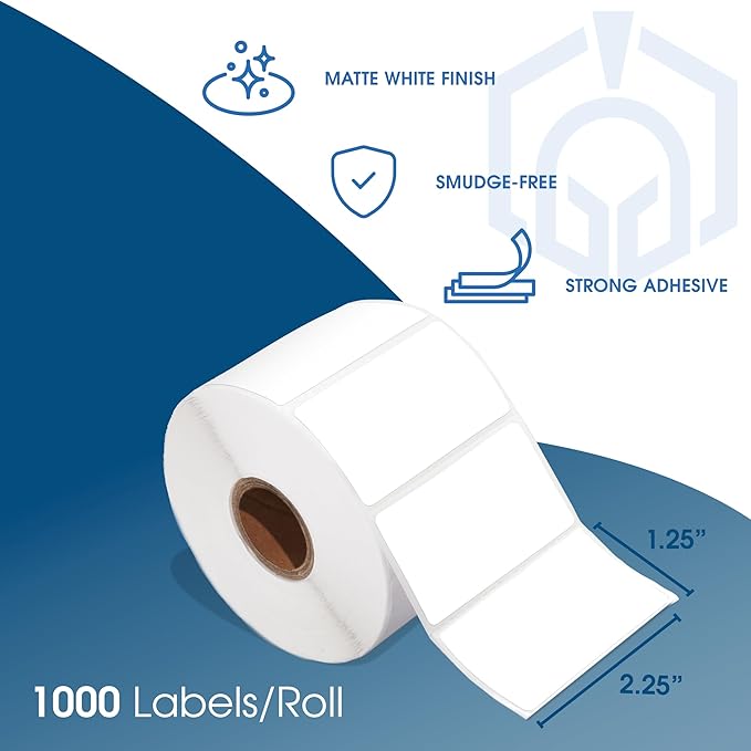 Spartan Industrial - 2.25" X 1.25” Direct Thermal Labels, Perforated Barcode Address Labels, Compatible with Rollo & Zebra Desktop Printers - 10 Rolls, 1000/Roll