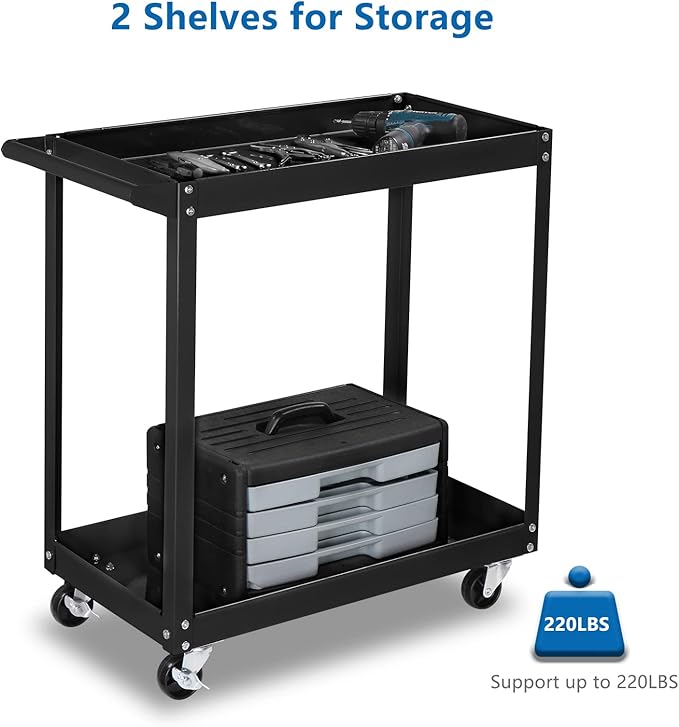 TUFFIOM 2 Tier Rolling Tool Cart on Wheels w/2 Brake, 220 LBS Capacity Heavy Duty Commercial Utility Tool Service Cart, Tool Organizer for Mechanic,Garage,Workshop,Warehouse & Repair Shop