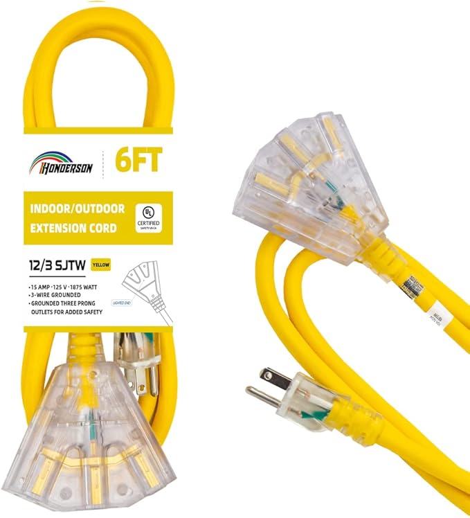3-Outlets Indoor Outdoor Extension Cord Weatherproof with Lighted End, UL Listed, 12 Gauge 6FT Yellow 3 Prong Heavy Duty, 12/3 SJTW 15A Power Cord