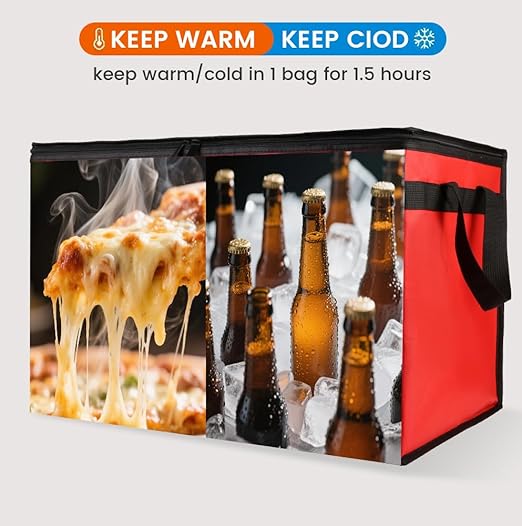 Insulated Food Delivery Bag with 4 Cup Holder, with Bottom, XXX-Large Insulated Grocery Bags with Zippered Top, Cooler Bags with Drink Carrier, Food Carrier Catering Bag,Red