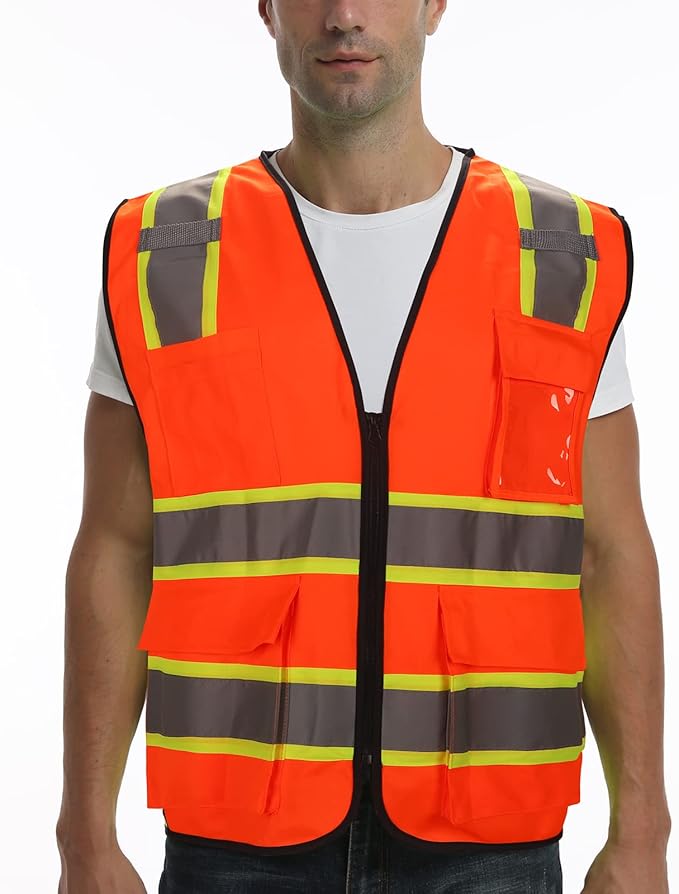 9 Pockets High visibility Class 2 Safety Vest，Hi Vis Vest with 2 inch wide Reflective Strips security vest with Zipper construction work vest for men &women Orange，XL