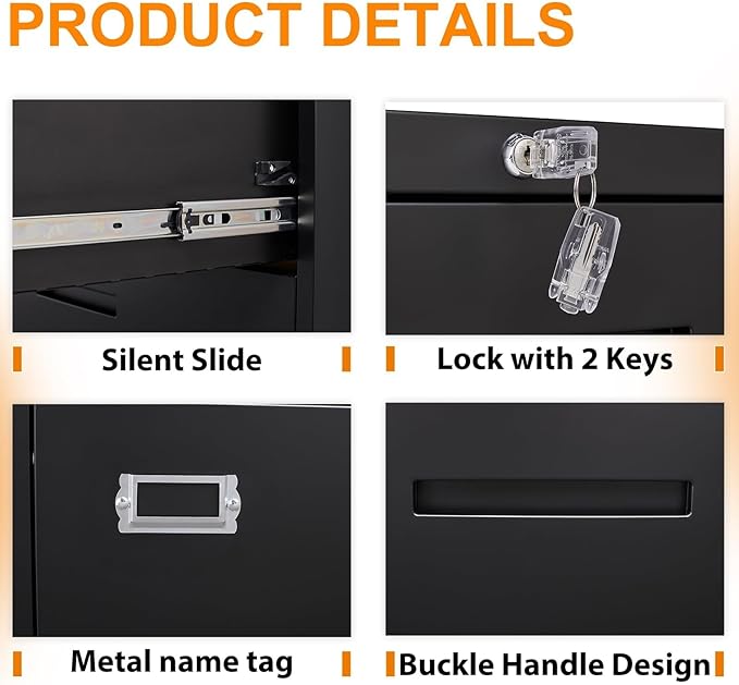 Lateral File Cabinet, Metal Filing Cabinet with Lock, 2 Drawer File Cabinets for Home Office, Office Cabinet for Hanging Files Letter/Legal/F4/A4, Assembly Required, Black