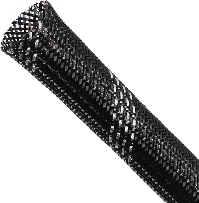 Braided Cable Sleeving, PET Expandable Braided Cable Sleeve, Flexible Mesh Sleeving Cord Management for Audio Video and Other Home Device, Cord Protector from Pets (Black Silver, 3/8" x 25ft)