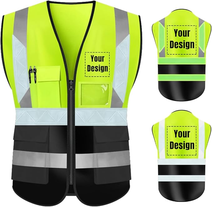 YOWESHOP High Visibility Safety Vest Custom Your Logo Protective Workwear 5 Pockets With Reflective Strips Outdoor Work Vest (M, Yellow Black Luminous)