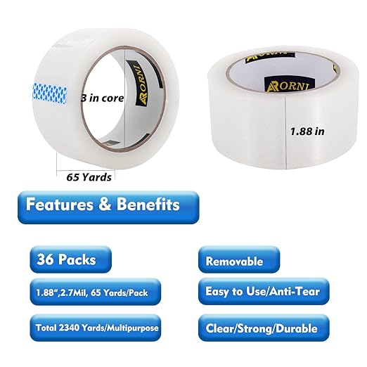 Clear Packing Tape Heavy Duty Refill Rolls Sealing Great for Packing Box Shipping and Moving Supplies Packaging 36 Rolls 1.88" x 65 Yards 3" Core 2.7 Mil Thick Adhesive