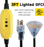 EP 3 Ft Lighted GFCI Extension Cord with 3 Electrical Power Outlets - 12/3 SJTW Heavy Duty Black Pigtail Extension Cable with 3 Prong Grounded Plug for Safety, UL Listed