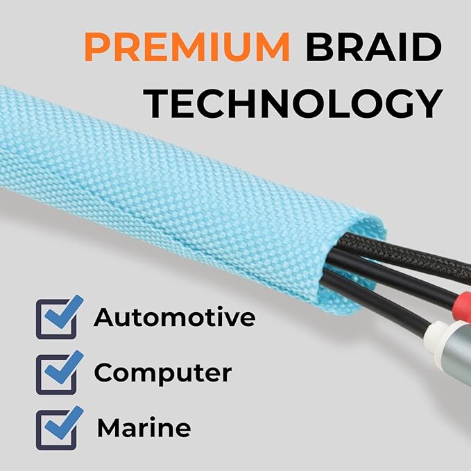 1/2 inch Split Braided Cable Management Sleeve for USB Cable Power Cord Audio Video Cable, High-Temperature Automotive Harness Wire Loom Cord Protector from Cat Dog Chewing (Blue, 10FT)