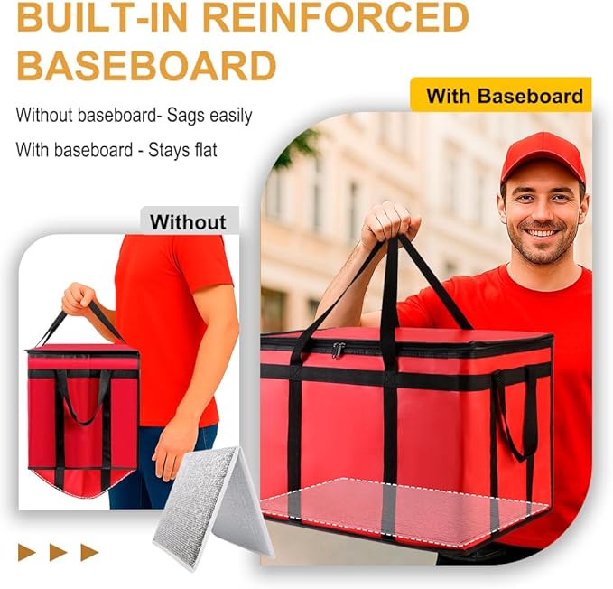XXXL Insulated Food Delivery Bag - Reusable Thermal Cooler Grocery Bags for Catering&Delivery, Pizza Carrier for Events, Large Capacity Bag Keeps Food Hot/Cold for Shopping, Commercial (Red with Base)