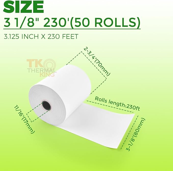 (50 Rolls) 3 1/8" x 230' Thermal Paper, POS Receipt Paper for Retail Business Cash Register, Fits Most Credit Card Terminal Point Of Sale