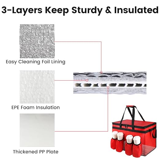 Insulated Food Delivery Bag with 4 Cup Holder, with Bottom, XXX-Large Insulated Grocery Bags with Zippered Top, Cooler Bags with Drink Carrier, Food Carrier Catering Bag,Red