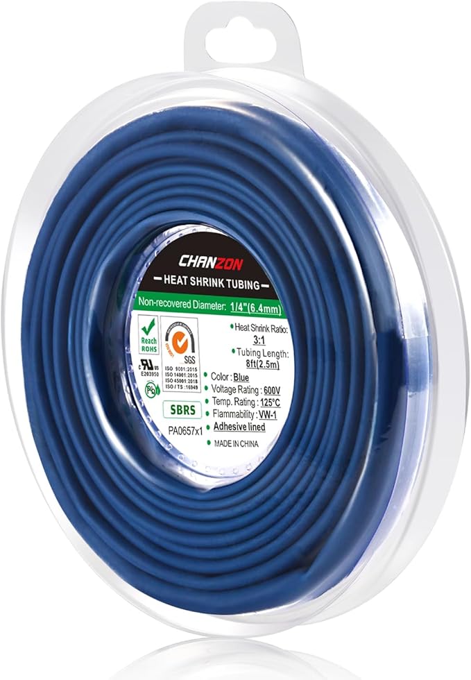 Chanzon 3:1 Ratio 1/4" (6.4mm) Heat Shrink Tubing - Marine Grade Waterproof Adhesive Lined - 8Ft Roll (2.5M Total Length) Blue Polyolefin Sleeving Wrap Shrinking 3 to 1 Ratio 1pcs