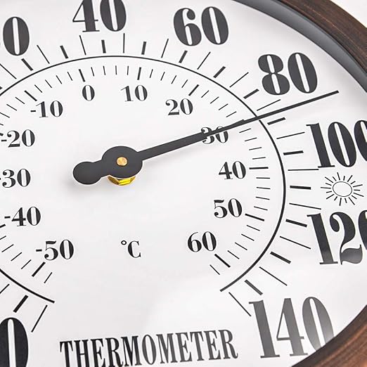 12'' Indoor Outdoor Thermometer Large Numbers, Hanging Decorative Wall Thermometer with Stainless Steel Enclosure, No Battery Needed Weather Thermometers for Patio, Home, Garden Decoration (Bronze)