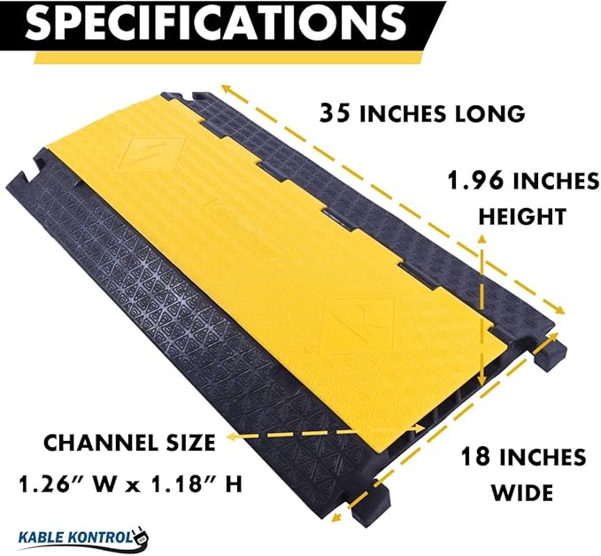 Kable Kontrol Atlas Cable Protector Wire Ramp - 5 Channel Bulk Wholesale Pallet – 10 Pcs - 35” Long Black & Yellow - 24000 Lbs Load Capacity - Rubber Speed Bump Wire Protector Cord Cover - CP9975