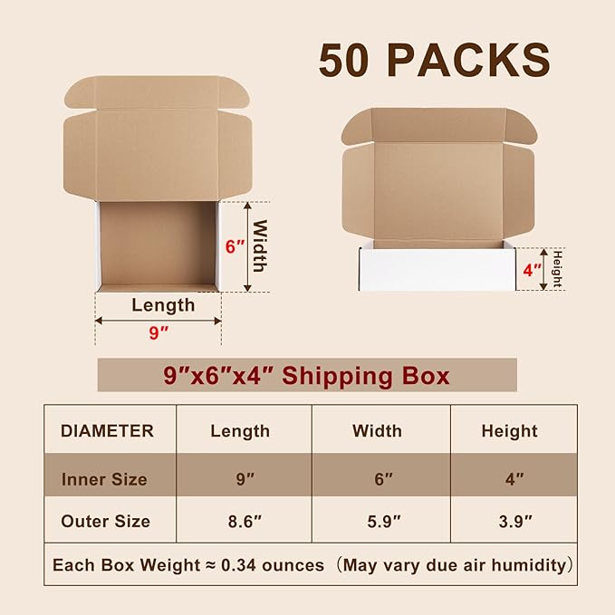 9x6x4 Inches Shipping Boxes Set of 50, White Corrugated Cardboard Box, Mailer Boxes for Small Business