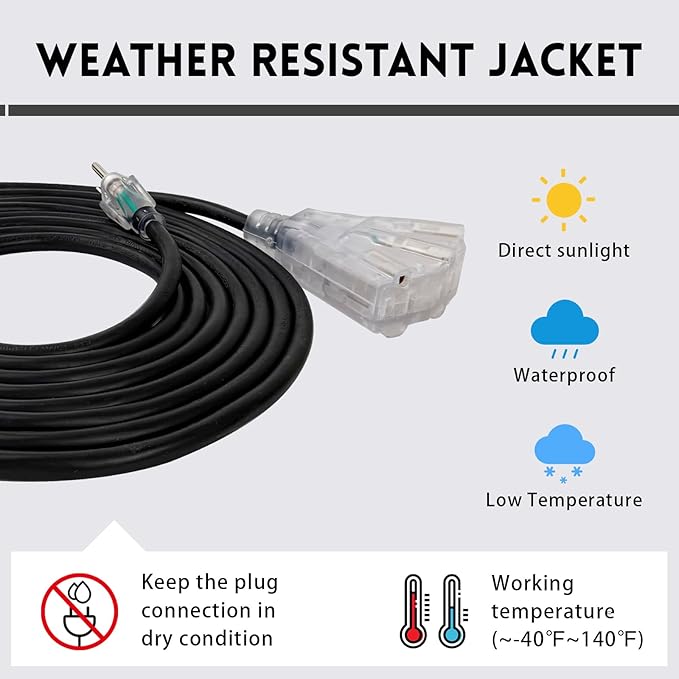 EP 10 Ft Lighted Outdoor Extension Cord with 3 Electrical Power Outlets - 14/3 SJTW Heavy Duty Black Extension Cable with 3 Prong Grounded Plug - Power Cord for Lawn, Garden, Appliances