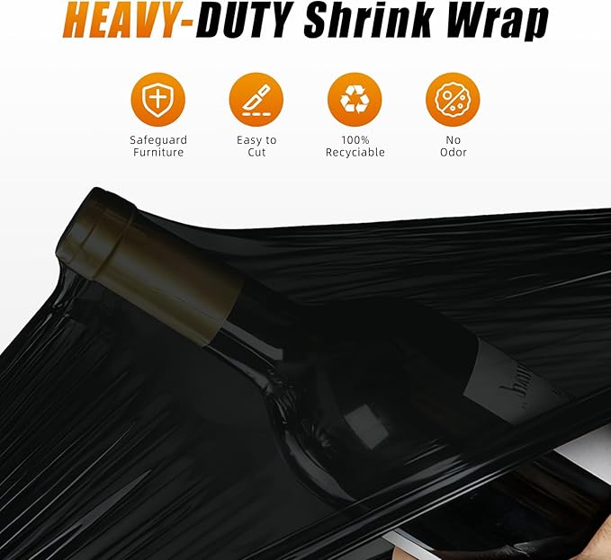 Black Stretch Film Shrink Wrap for Moving Supplies (15inch, 1 Pack) x 1000ft, Industrial Strength Plastic Wrap Stretch Roll for Pallet Wrapping Shipping Moving Boxes Storage Furniture with Handles